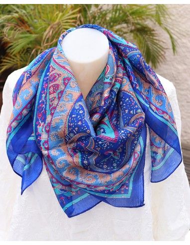 Foulard soie bleue marie à motifs - Mosaik bijoux indiens