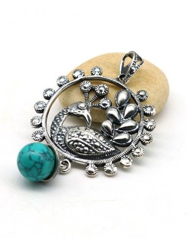 Pendentif paon argent et perle turquoise - Mosaik bijoux indiens