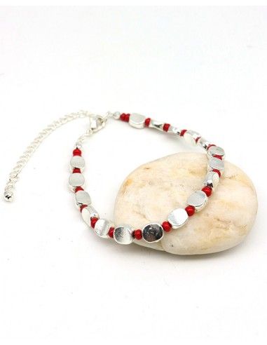Bracelet argenté perle rouge - Mosaik bijoux indiens