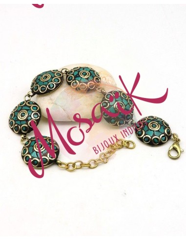 Bracelet indien doré et turquoise - Mosaik bijoux indiens