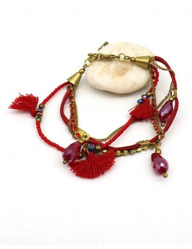 Bracelet rouge pompons - Mosaik bijoux indiens