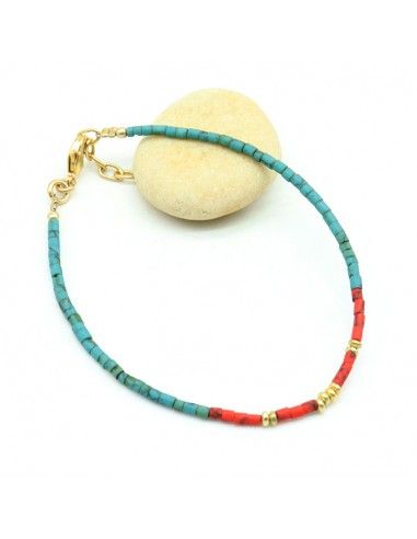 bracelet fin perles turquoises et rouges - Mosaik bijoux indiens