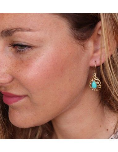 Boucles d'oreilles ajourées dorées et turquoises