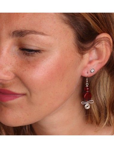 Boucle d'oreille perle argentée et rouge - Mosaik bijoux indiens