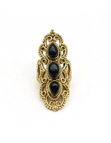 Grosse bague dorée pierre noire - Mosaik bijoux indiens