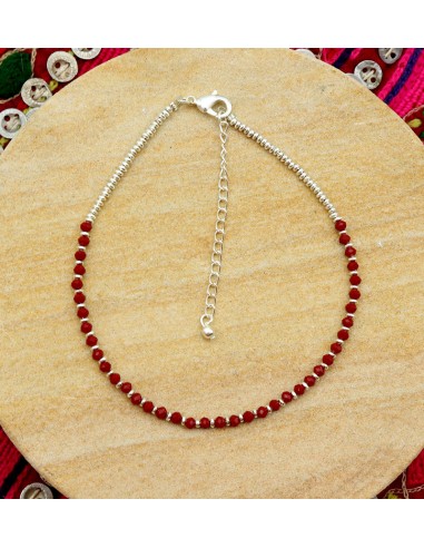 Chaine de cheville argentée et rouge - Mosaik bijoux indiens