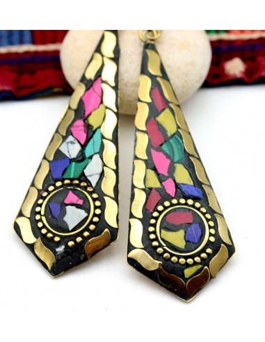 Longue boucle d'oreille colorée - Mosaik bijoux indiens