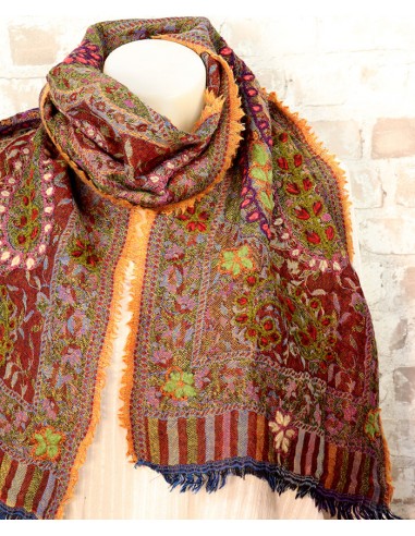 Echarpe laine marron motifs colorés - Etole rouge bohème brodée - Mosaik bijoux indiens