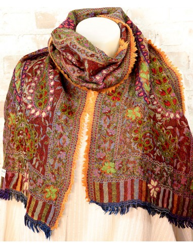 Echarpe indienne en laine brodée - Etole rouge bohème brodée - Mosaik bijoux indiens