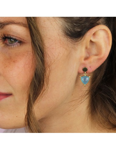 Puce d'oreille laiton calcédoine bleue - Mosaik bijoux indiens