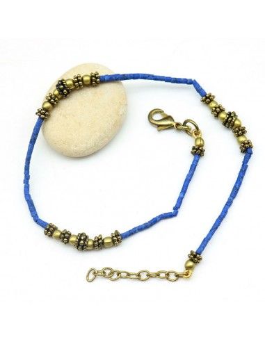Chaine de pied en perles bleues et dorées - Mosaik bijoux indiens