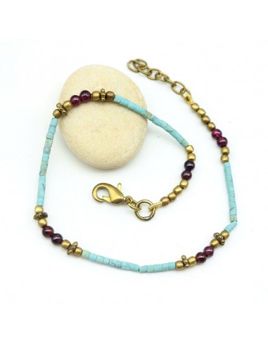 chaine cheville perles bleues et grenat - Mosaik bijoux indiens