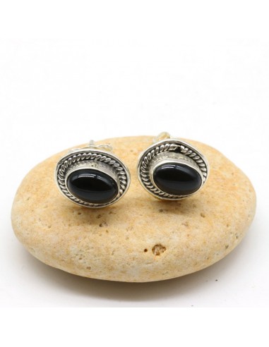 Petite puce d'oreille argent pierre noire - Mosaik bijoux indiens