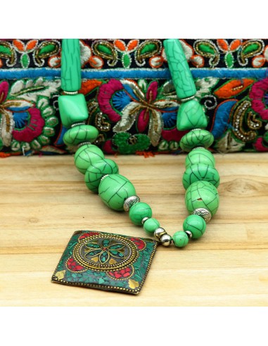 Gros collier tibétain perles verte - Mosaik bijoux indiens