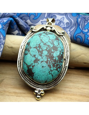 Gros pendentif turquoise plaqué argent - Mosaik bijoux indiens