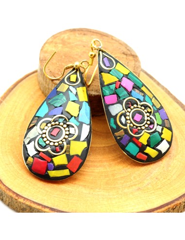 boucle d'oreille tibétaine colorée - Mosaik bijoux indiens