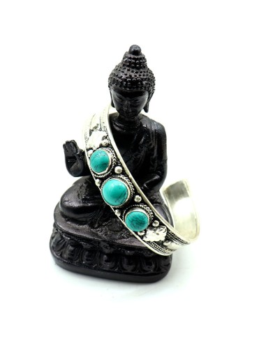 Bracelet manchette tibétain avec turquoises - Mosaik bijoux indiens